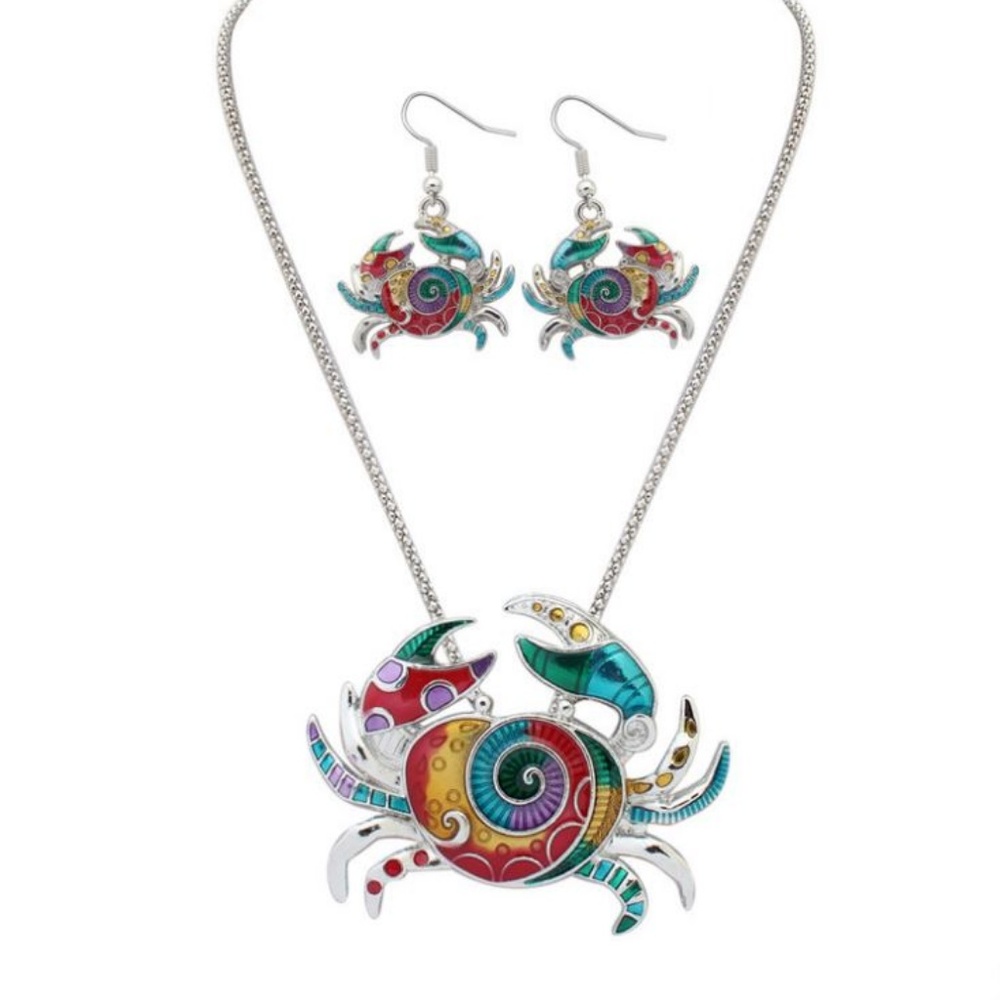 Colorful Crab Necklace Earring 3 Piece Jewelry Set